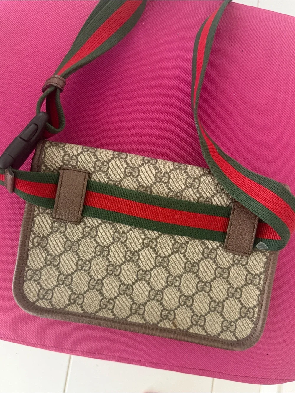 Gucci Brown GG Supreme Belt Bag with Green-Red Web Strap